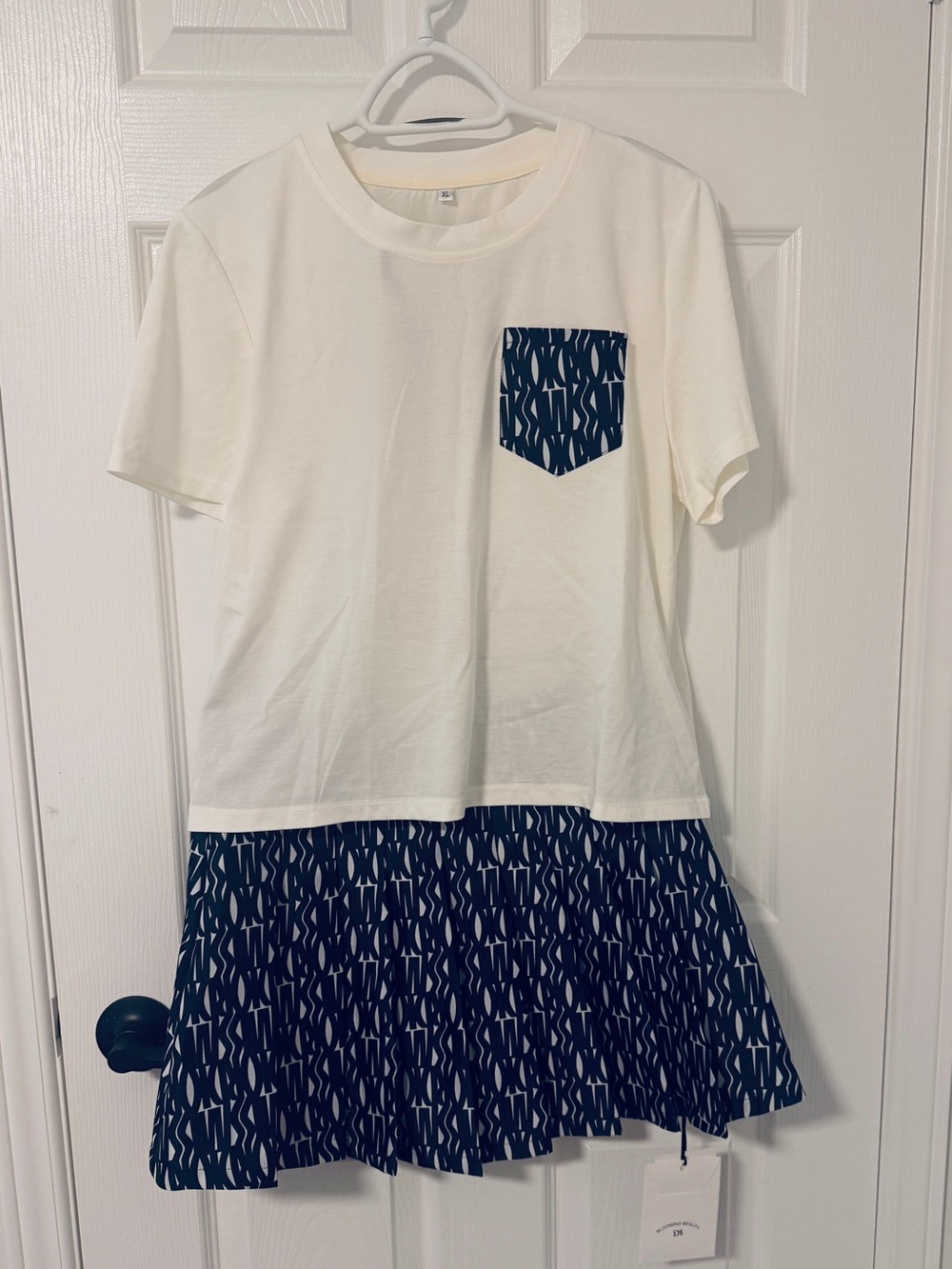 MiuMiu style Cream Tee Dress with Navy Patterned Pocket and Short Culottes
